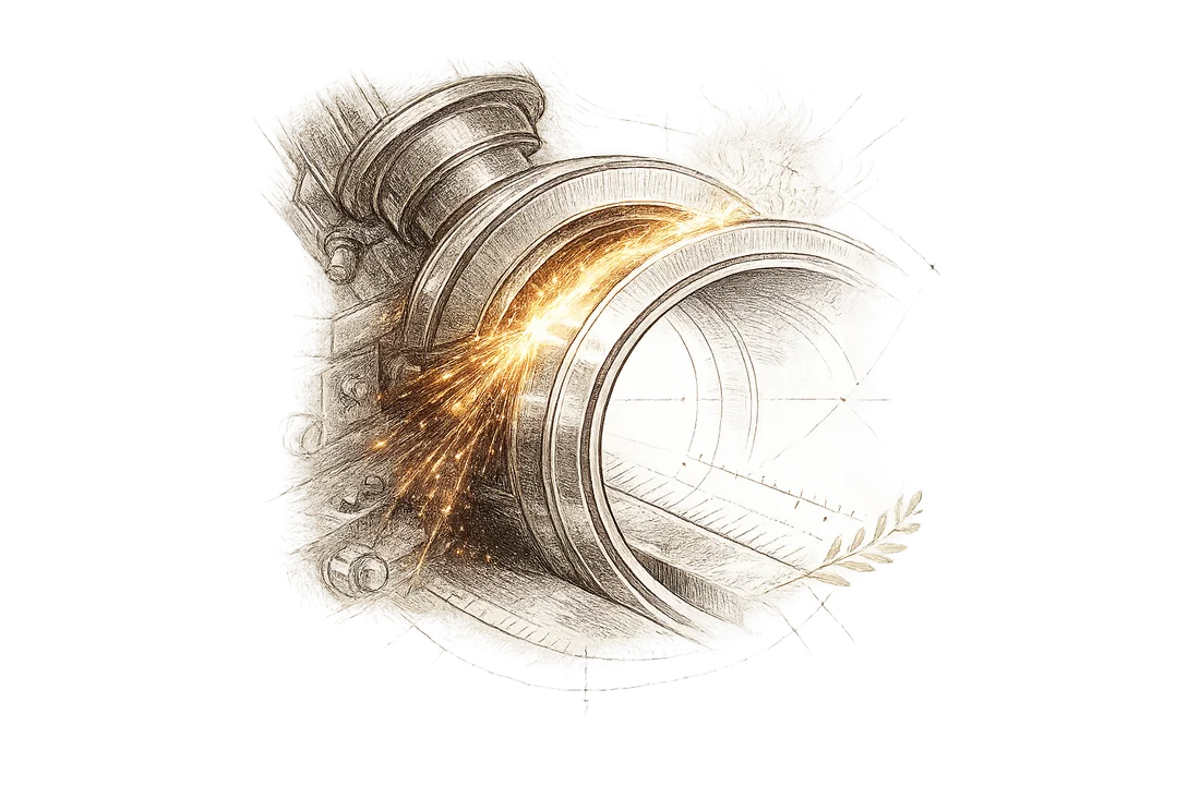 Illustration of a bearing race during grinding, with sparks flying from the heat-treated surface