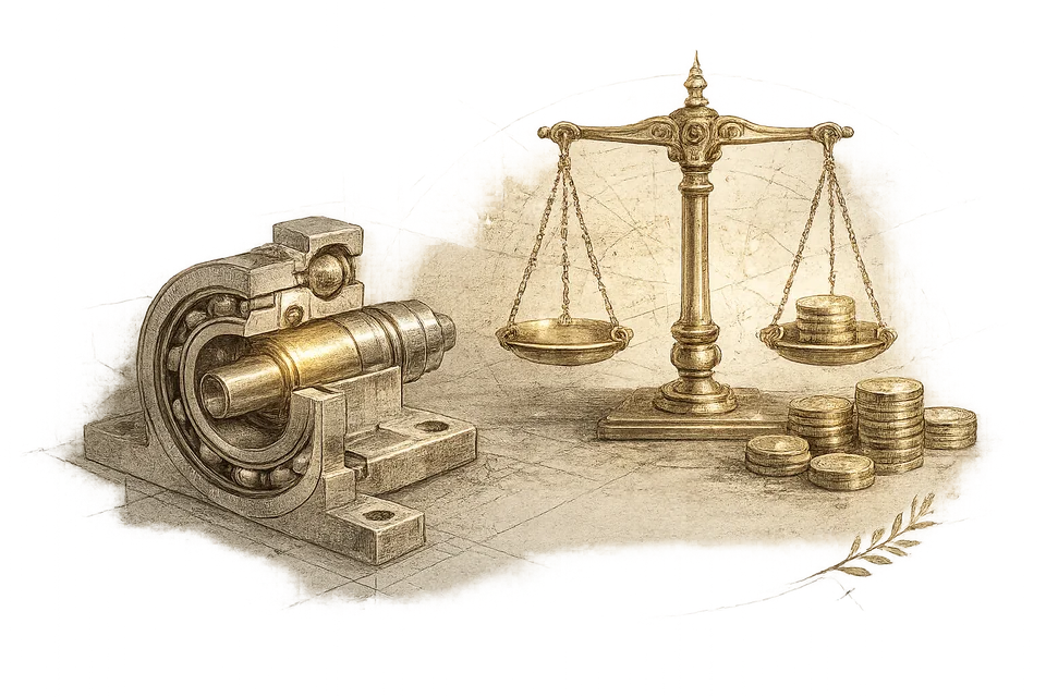 Illustration of a precision bearing component beside a balance scale and coins, representing cost engineering