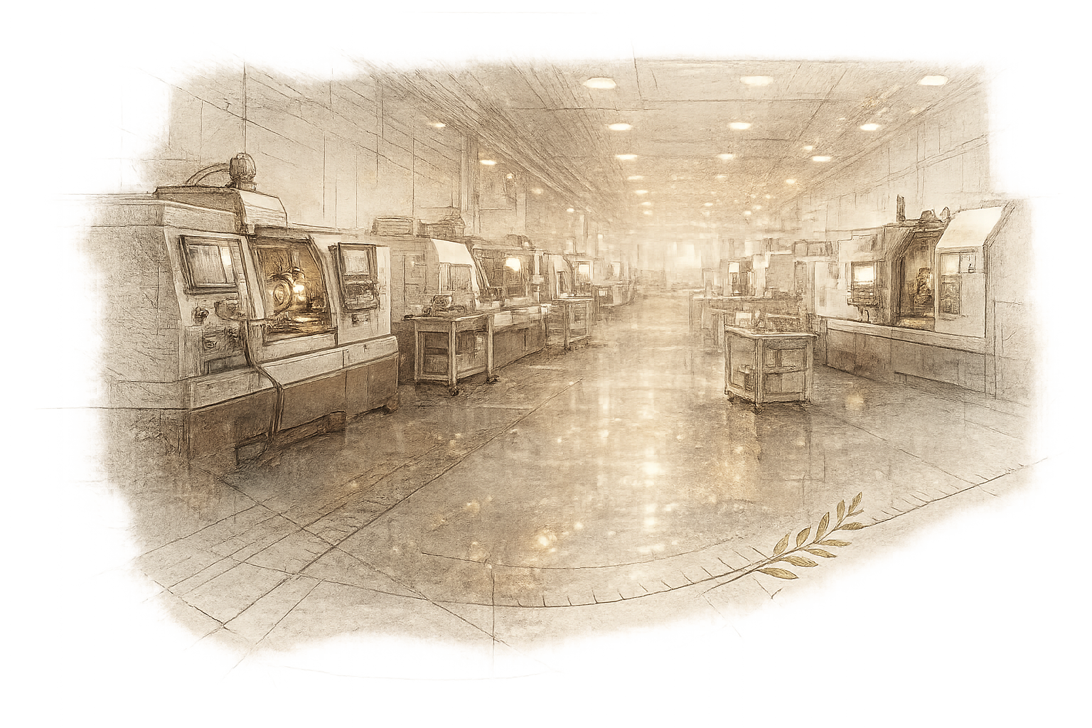 Illustration of a precision manufacturing shop floor with CNC machines in a row