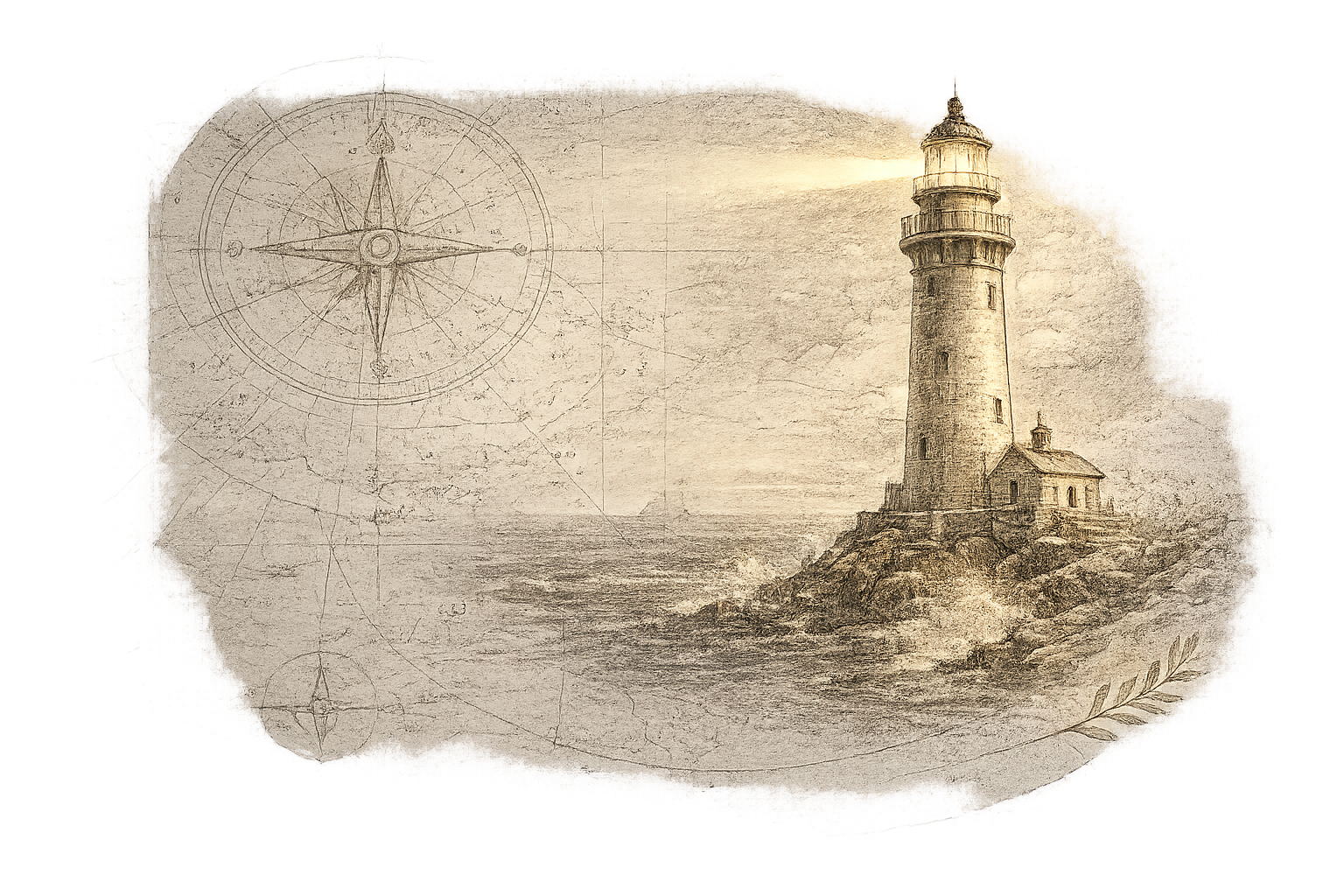Illustration of a lighthouse over a compass rose, representing guidance and a starting point