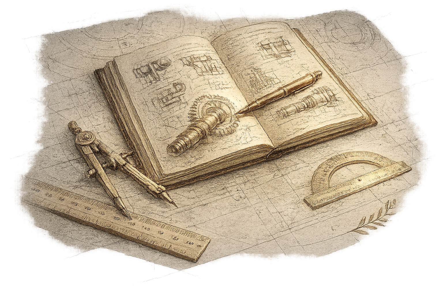 Illustration of an open technical notebook with drafting tools
